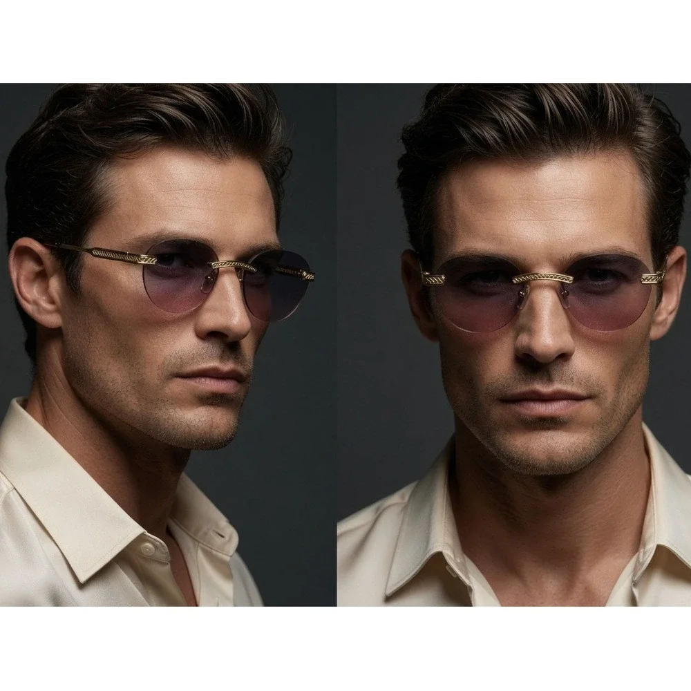 Mens‎ Rimless Round Sunglasses Gold Engraved Metal Purple Pink Gradient Lenses